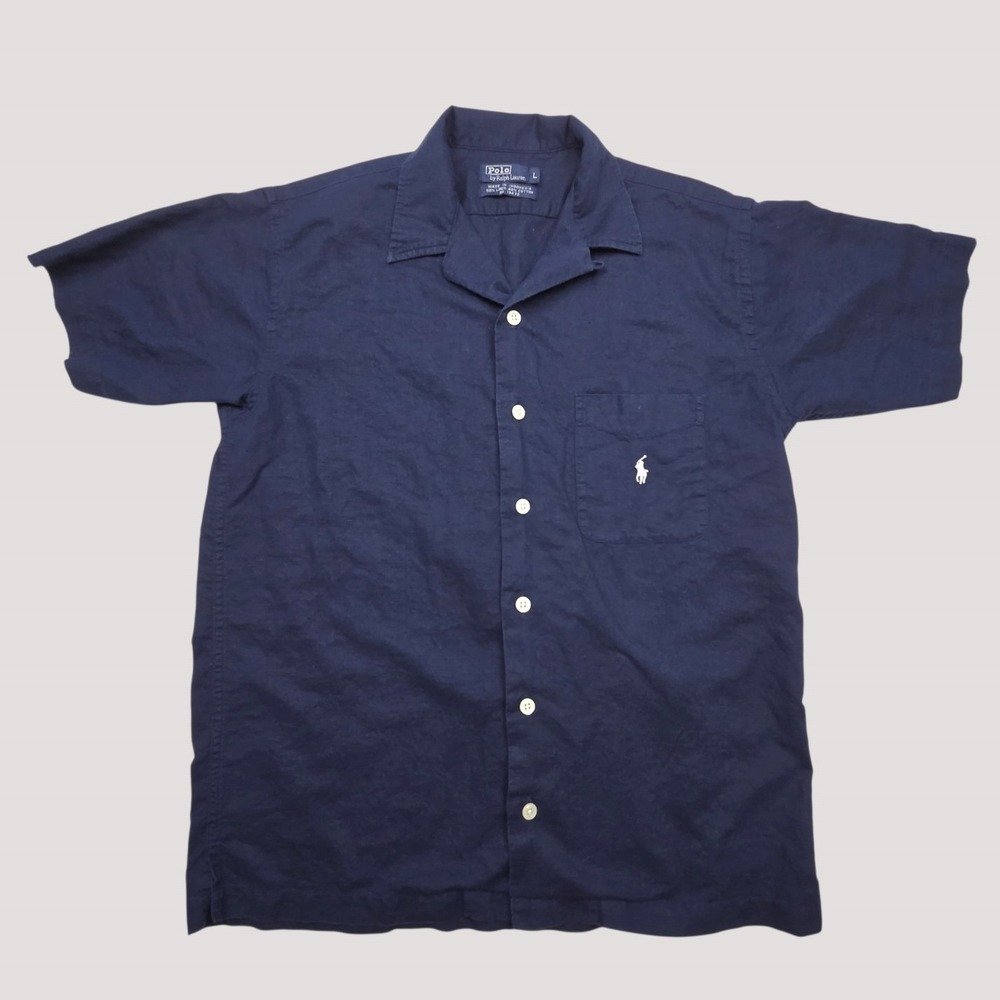 Polo Ralph Lauren Short Sleeve Button Down Shirt L Navy Blue Linen Blend Preppy